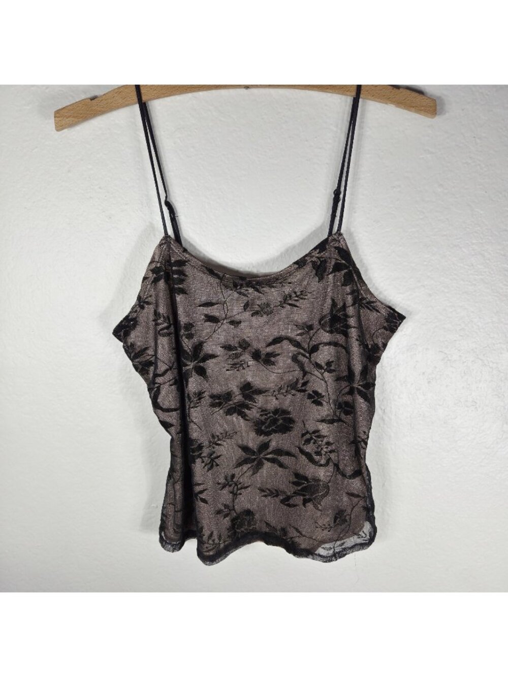 Vintage Wonder Maid Size M Tan Black Floral Sheer Camisole Lace Spaghetti Strap